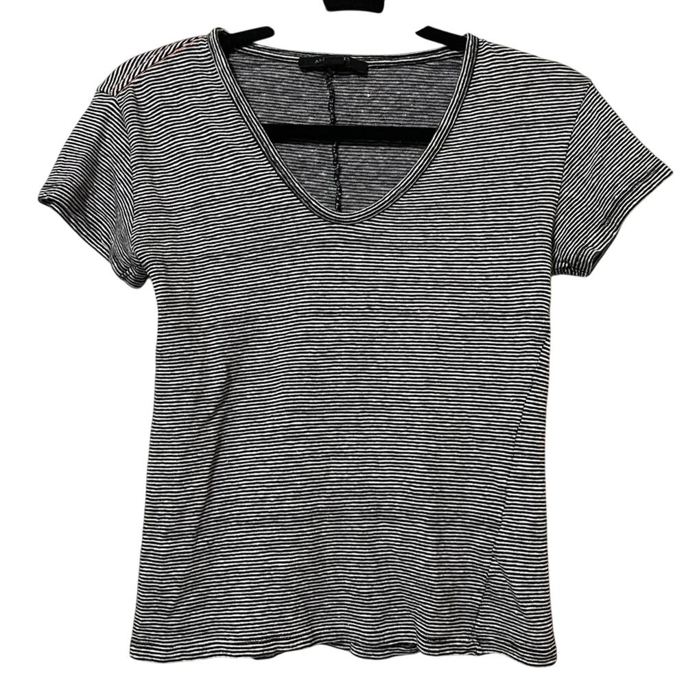 All Saints Black & White Striped Short Sleeve V Neck Boxy Fit Tee Shirt Small